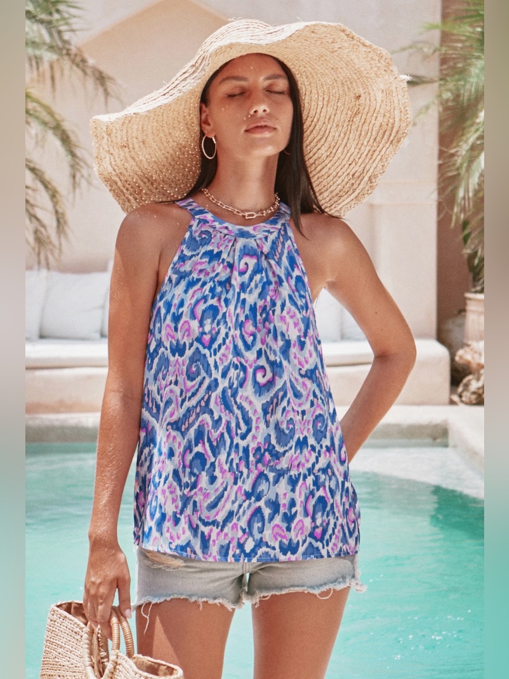 Cupshe • Women’s Boho Vibrant Blue Pink Ikat Print Halter Sleeveless Tank Blouse - Picture 4 of 6